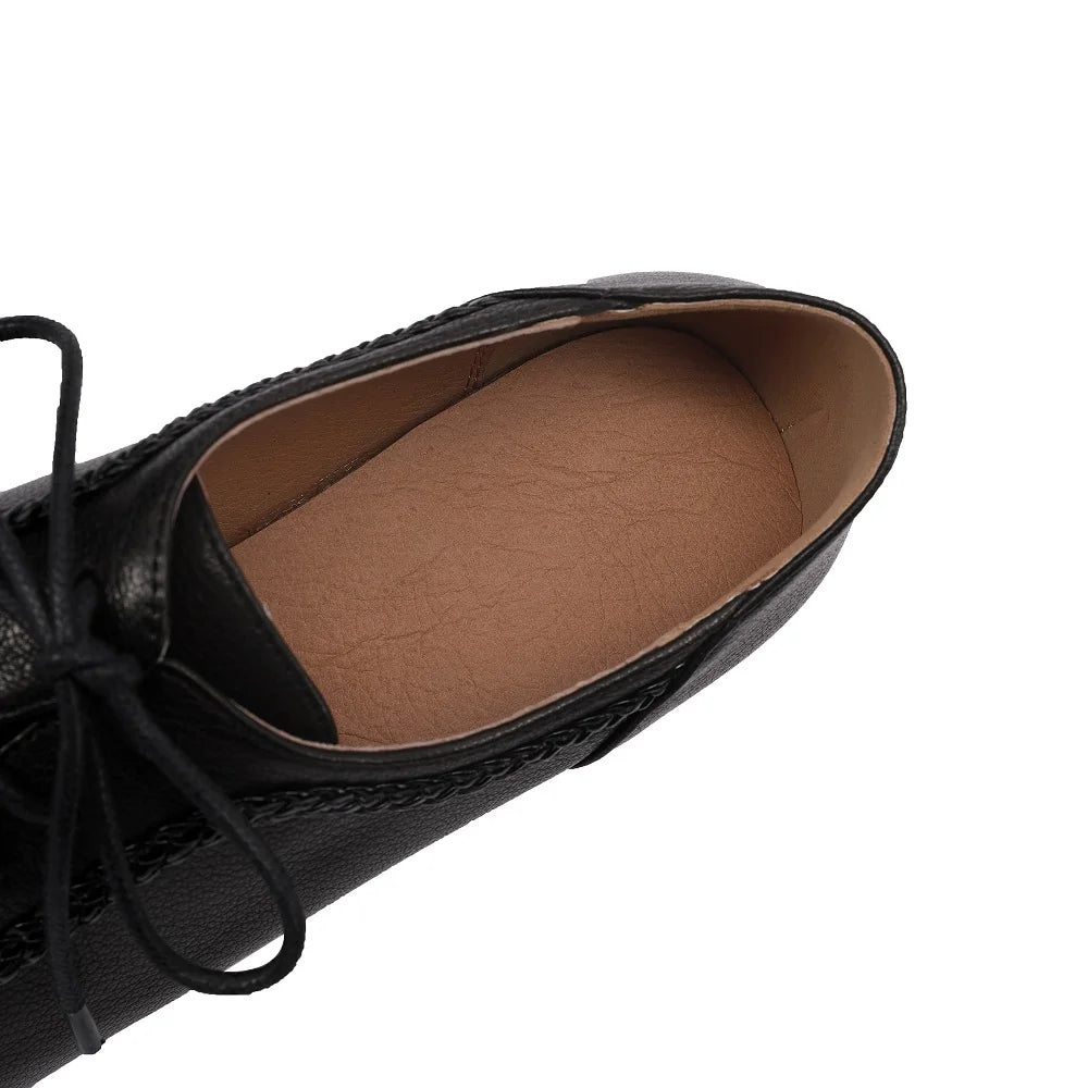 Women Handmade Genuine Leather Pointed Toe Lace-up Thick Heel Platform Retro Classic Spring Autumn 33-43