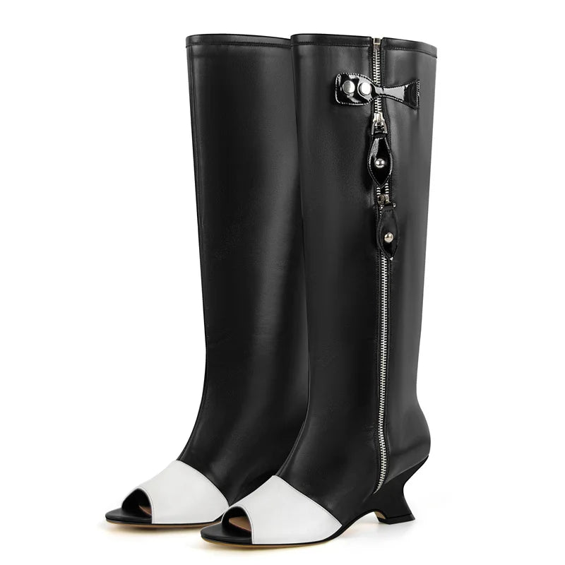 Onlymaker Women  Peep Toe  Matte Shaped Heel Knee High Boots  Fashion Kitten Heel  Female Boots
