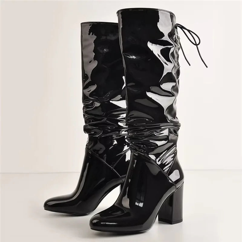 Onlymaker Women Pointed Toe Black Pleated 8.5CM High Heels Patent leather Crinkle Mid Calf Chunky Big Size Fashion Boots