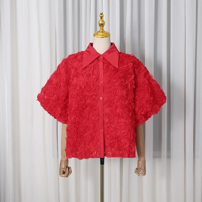 Elegant High End Style Shirts for Women Lapel Half Sleeve Patchwork Petal Stylish Temperament Black Shirt Female Spring New