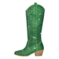 Onlymaker Women Rhinestone Green Knee High Boots Western Cowboy Boots Clear Glitter Bling Shiny Pointed Toe Block Heel Boots