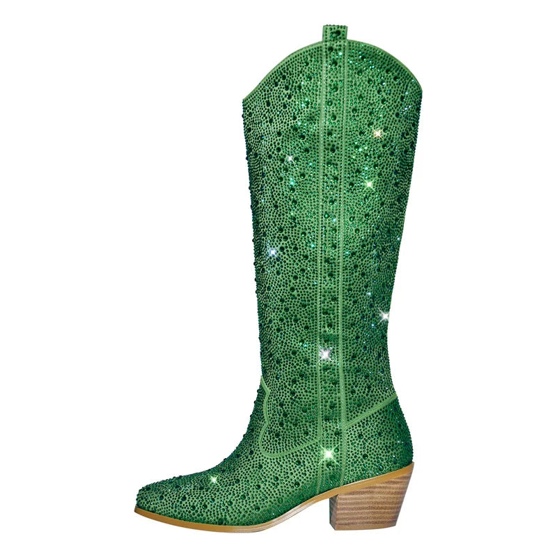 Onlymaker Women Rhinestone Green Knee High Boots Western Cowboy Boots Clear Glitter Bling Shiny Pointed Toe Block Heel Boots