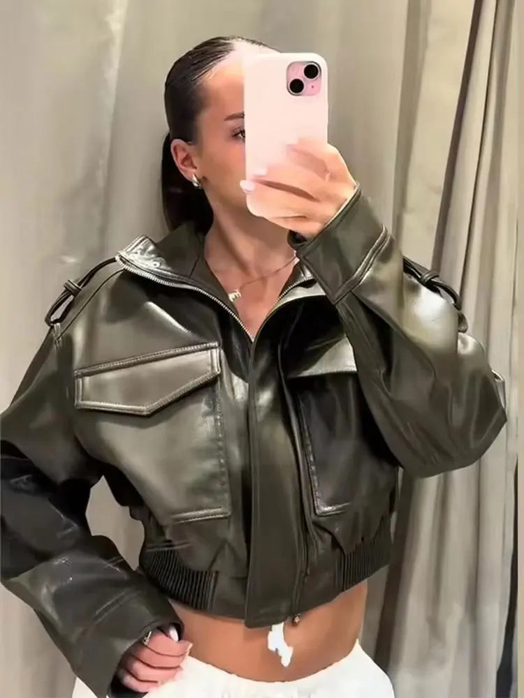 HH Autumn Women Fashion Solid Faux Leather Jacket With Front Pockets Long Sleeve Zipper Coats Vintage Motorcycle Leather Jacket