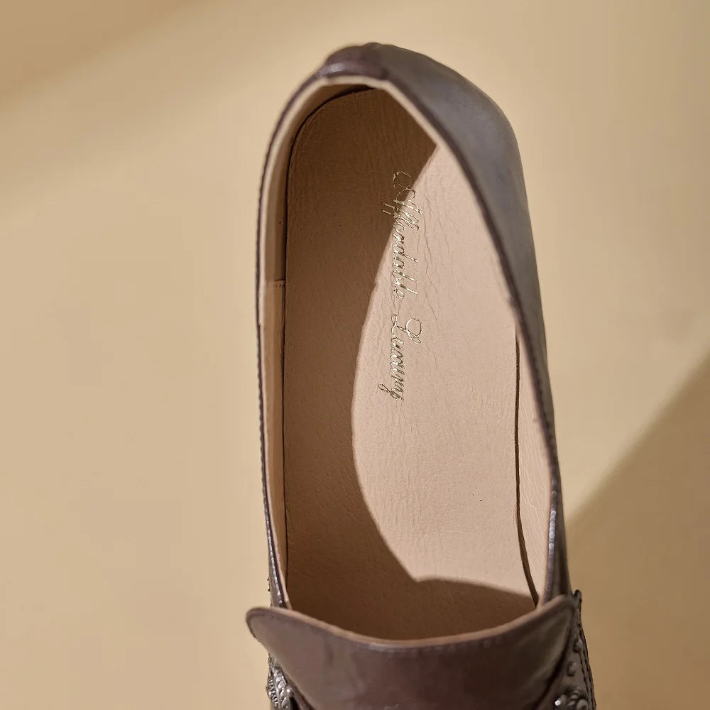 Women Handmade Genuine Leather Soft and comfortable Pointed Toe Chunky Belt Buckle High Heel Shoes 34-40