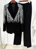 STREET Newest Fashion 2026 Designer Suit Set Women's Sequined Beading Single Button Blazer Flare Pants Set 2pcs