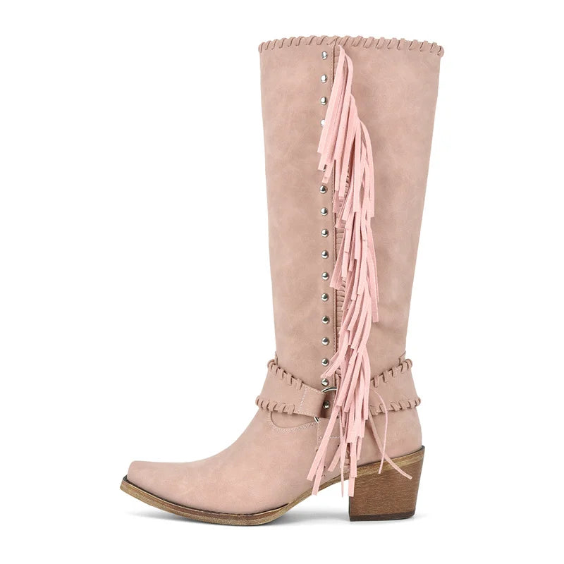 Onlymaker Women Pointed Toe Fringe Western Cowgirl Boots Fringed Chunky Heel Embroidery Retro Side Zipper Cowboy Boots