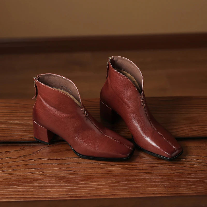 Women Handmade Genuine Leather Square Toe Ankle Boots Solid Womens Short Boots Modern Ladies Shoes 34-40