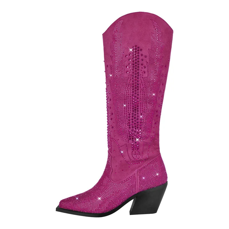 Onlymaker Women Black Knee High Rhinestone Boots Western Cowboy Boots Glitter Bling Shiny Block Heel Handmade Boots