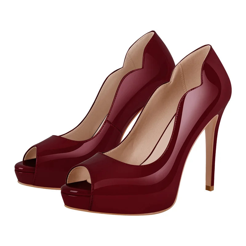 Women Peep Toe Platform Patent Leather Pumps High Heeled Big Size Slip On Women Stiletto Heels