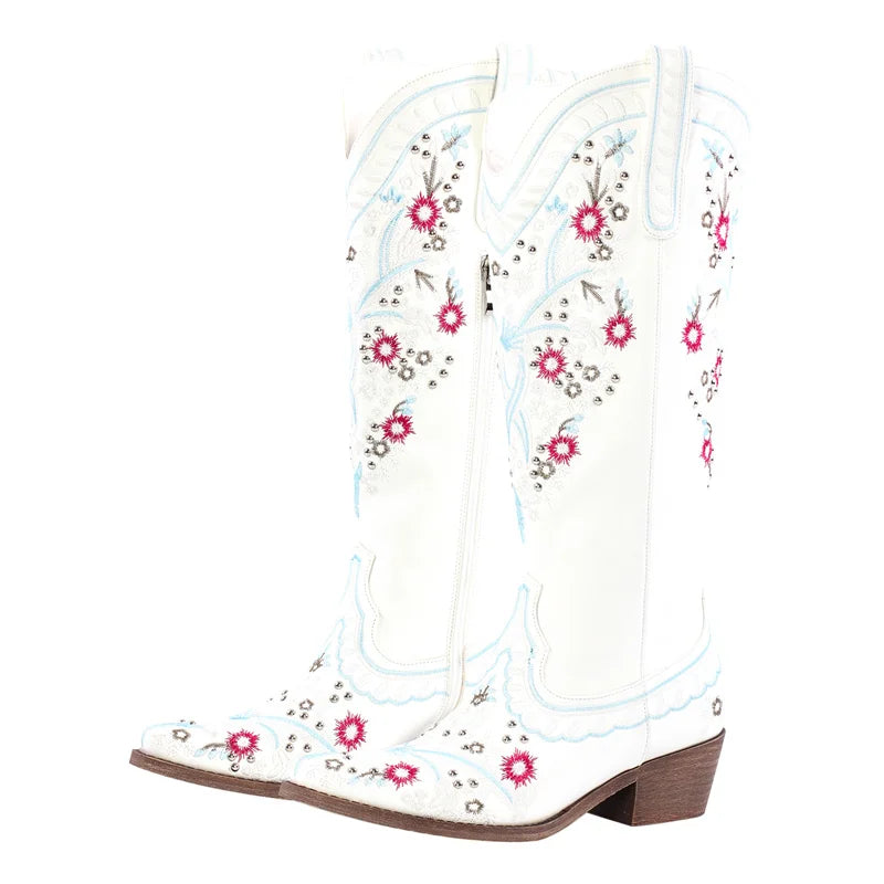 Onlymaker Women Pointed Toe Brown Embroider Flower Western Cowboy Boots Female Wide Mid Calf Boots