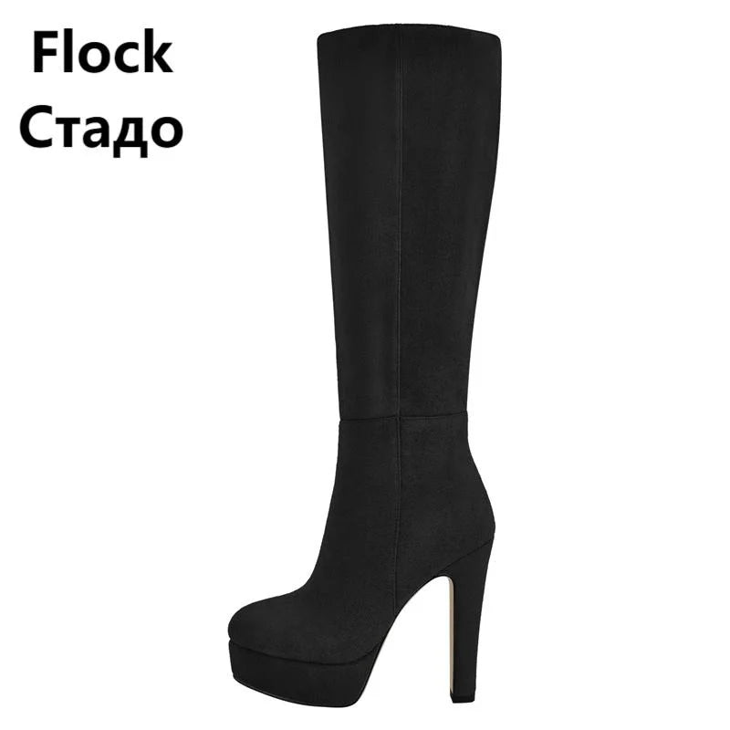 Onlymaker Women Round Toe Wide Calf Platform Knee High Boots Chunky Heel With Side Zipper Concise Tall Modern Boots
