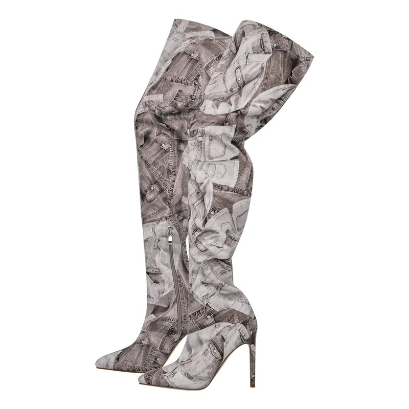 Onlymaker Womens Mixed Colors Over The Knee Boots Thin Heel Fashion CamouflageThigh High Boots