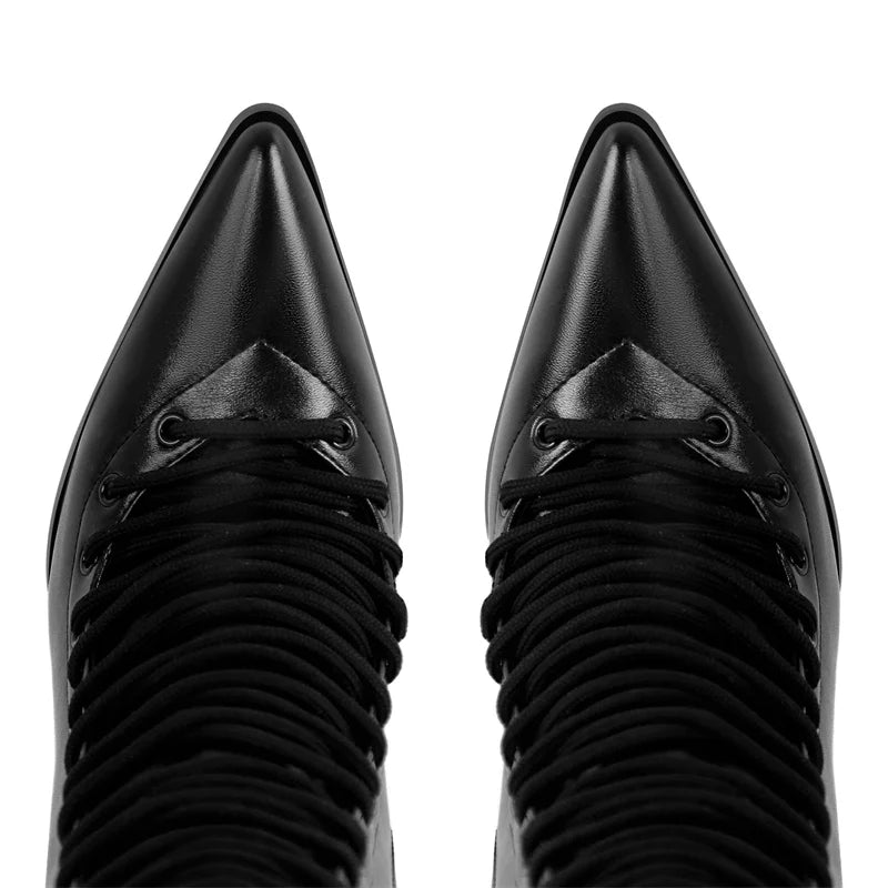 Onlymaker Pointed Toe Lace Up Faux Leather Knee-high Boots Thin Heel Side Zipper Fashion Elegant Boots