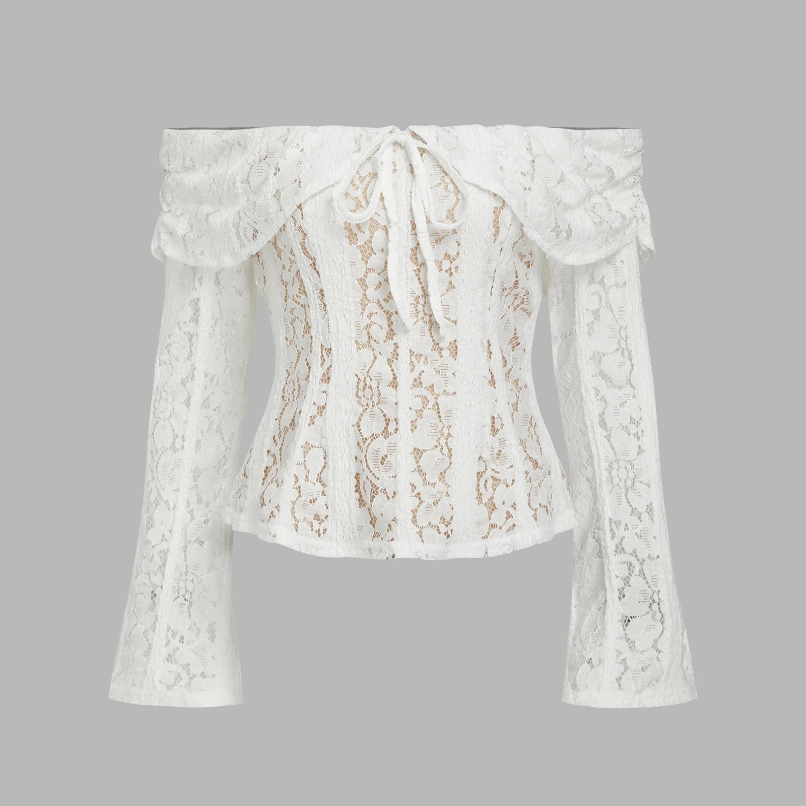 Elegant Women Off Shoulder Lace Tops Slim Fit Tie-up Long Flare Sleeve Backless Tee Shirts Trendy Blouse Streertwear