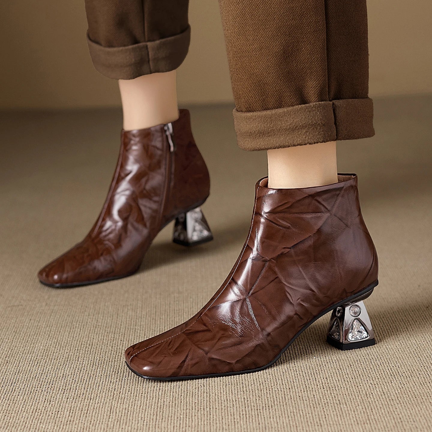 New Women Handmade Genuine Leather High Heels Zipper Boots Autumn Winter Square Toe Strange Heel Ankle Boot 34-40
