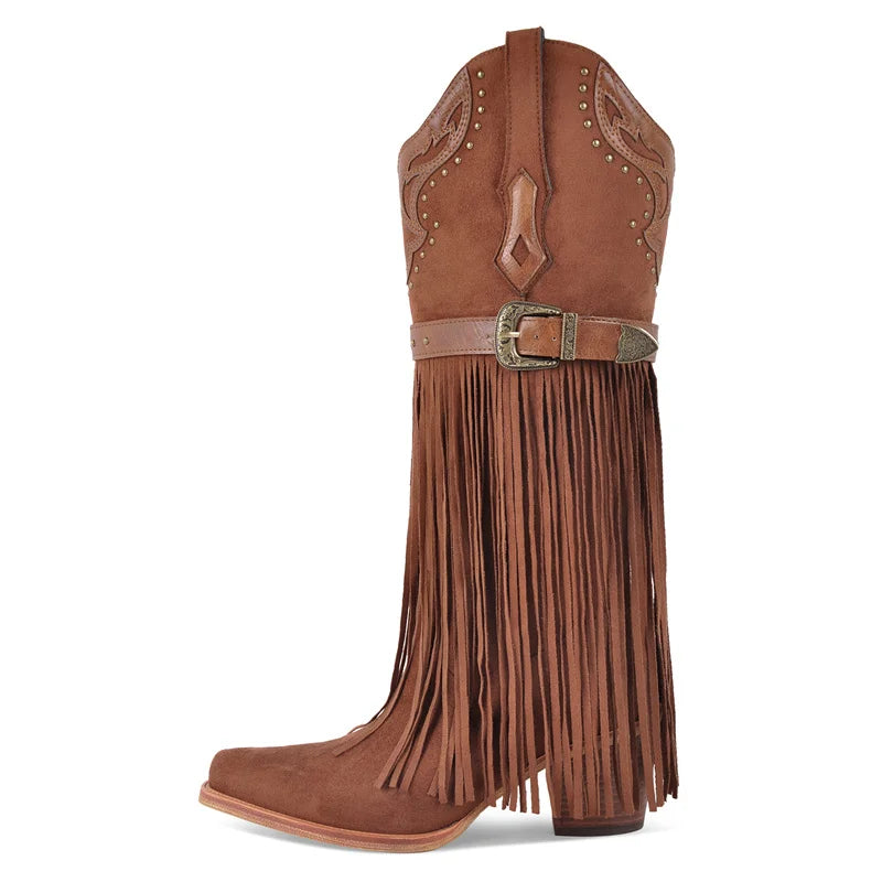 Onlymaker Women Pointed Toe Pull-on Knee High Fringe Boots Comfy Pull On Mid Calf Chunky Heel Embroidered Western Boots