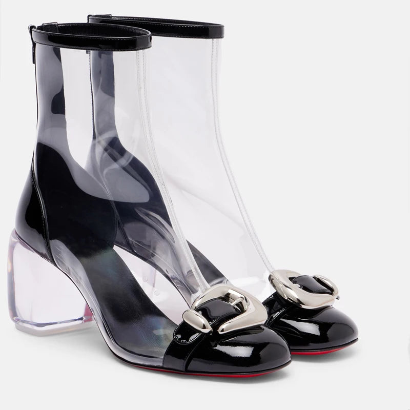 Ladies' Spring and Summer Transparent Thick High-heeled Short Boots with Round Toe and Back Zipper Sexy 34-46 Large Cool Boots