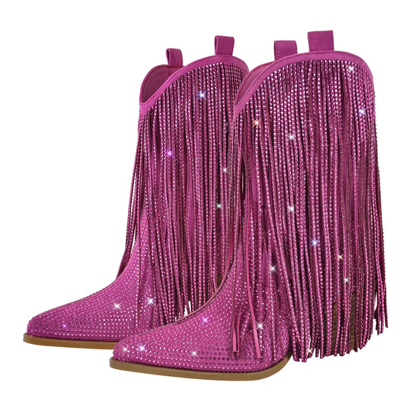 Female Rhinestone Fringe Mid-Calf Cowboy Boots Bling Party Big Size Women Boots