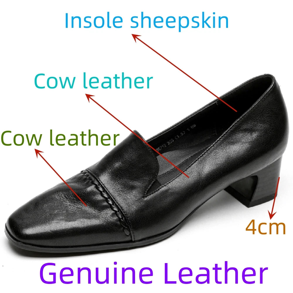 Woman Handmade Cowhide Real Leather Square Toe Mid Hells Soft comfortable Vintage Loafers Casual Walk Shoes 34-40
