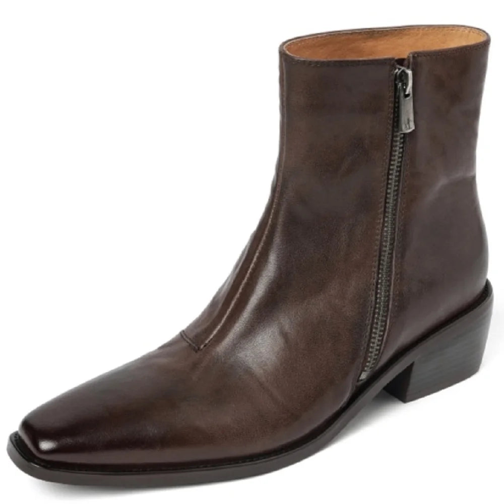 Size 34-40 New Handmade Genuine Leather Soft and comfortable Ankle Boots Zipper Chunky Mid Heels Square Toe Boot