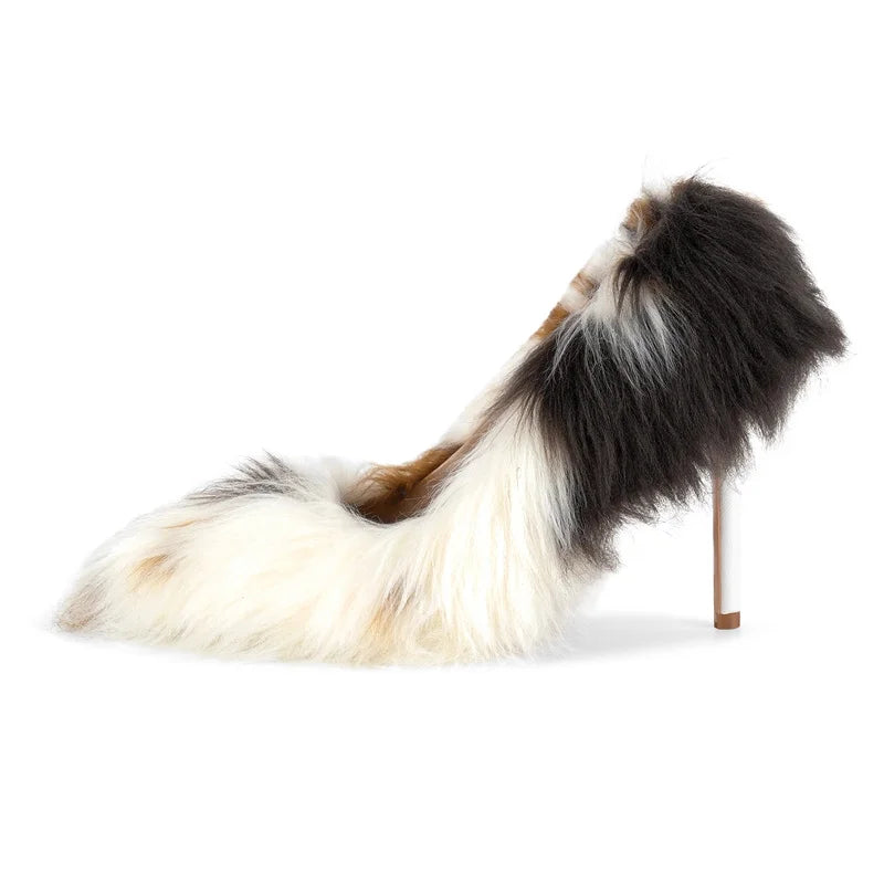 Women Pumps Brown Faux Fur  Pointed Toe 10CM Slip-On Thin Heels Party Wedding Office Lady Big Size Shoes