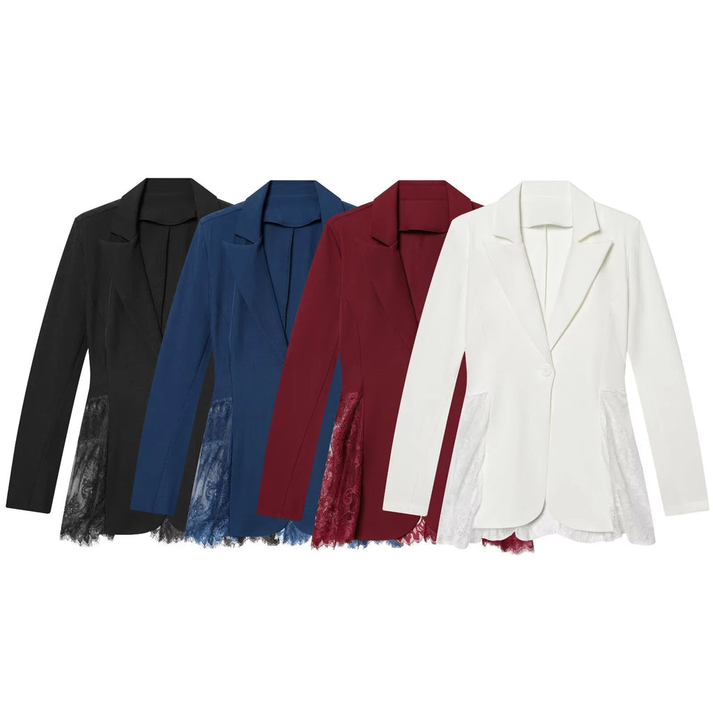 European and American Style Women's Spring New Arrivals Fashion Elegance Trendy Color Block Lace Fit-and-Flare Blazer Coat