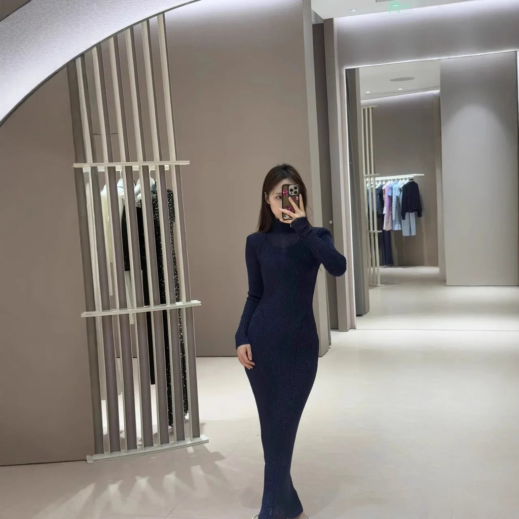 Women's stand collar stretch knit dress long sleeve