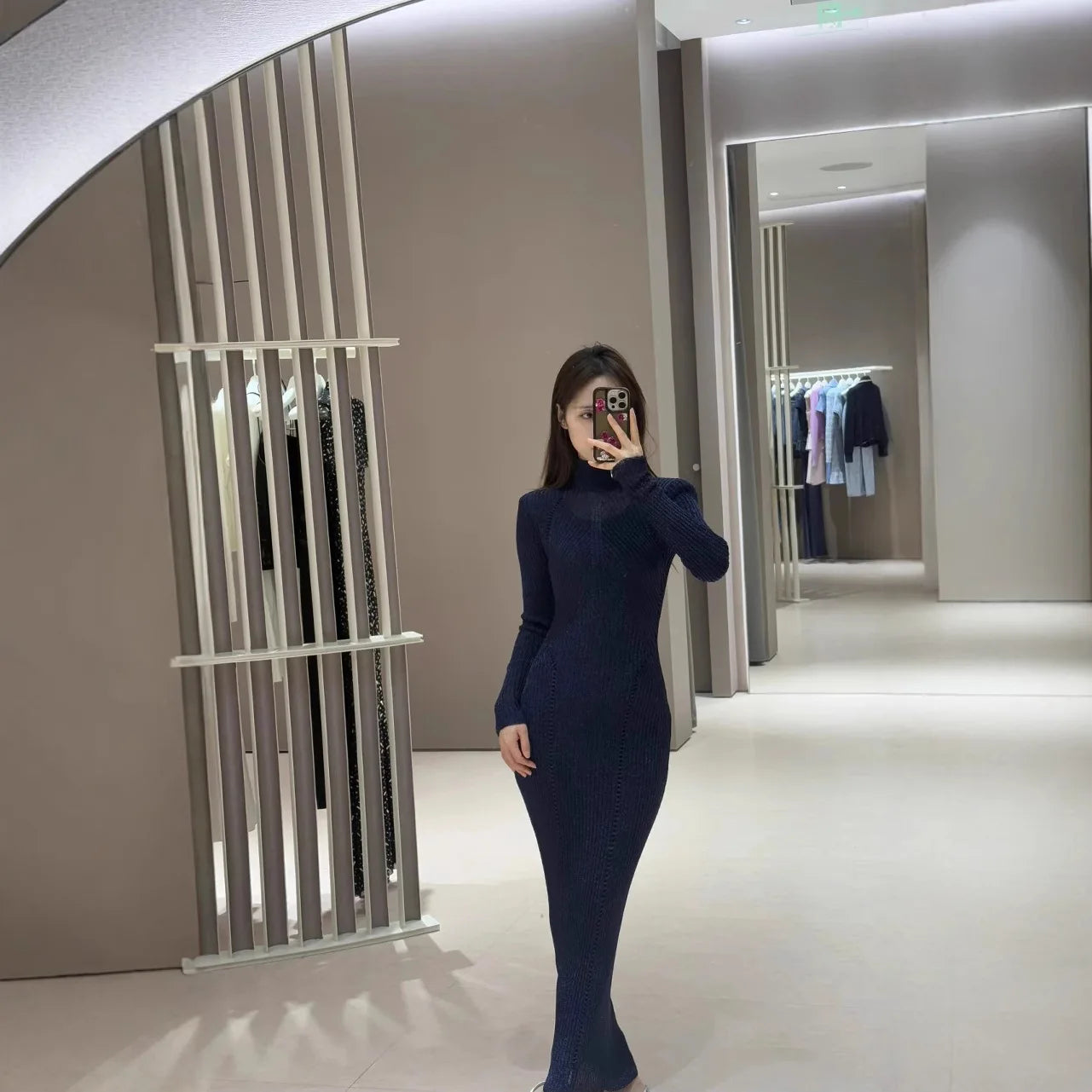 Women's stand collar stretch knit dress long sleeve