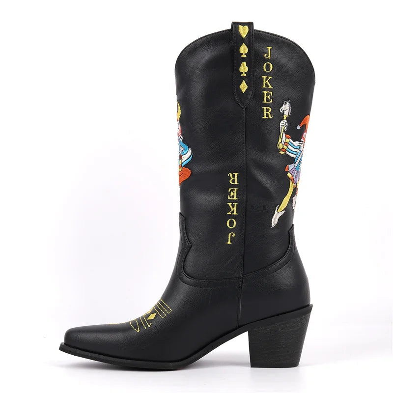 Women Matte Black Pointed Toe Joker Embroidery Mid-Calf Western Boots  Big Size Block Heel Cowboy Boots