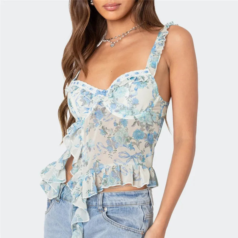 Women Camisoles Floral Print Ruffles Casual Tank Tops Summer Fashion Sleeveless Crop Tops Y2K Vintage Streetwear