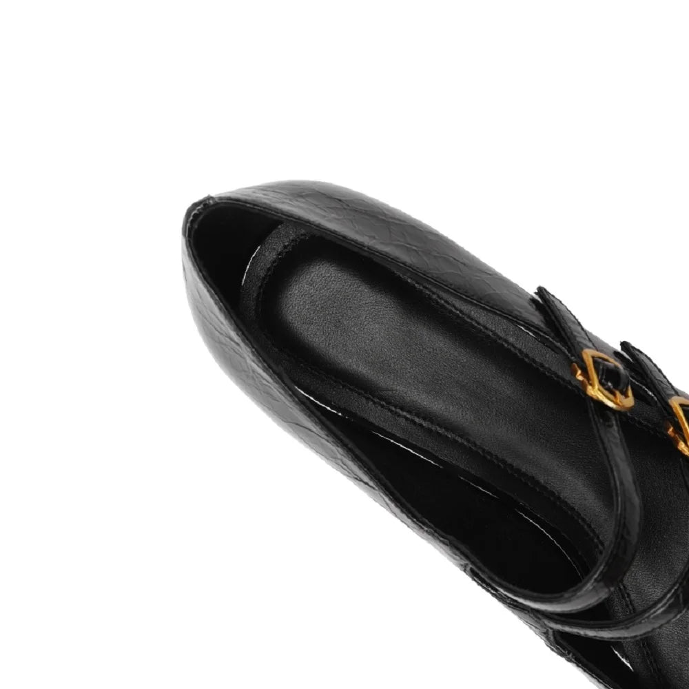 Women Handmade Genuine Leather square toe metal buckle Mary Jane elegant ladies Mid heel evening dress shoe 33-43