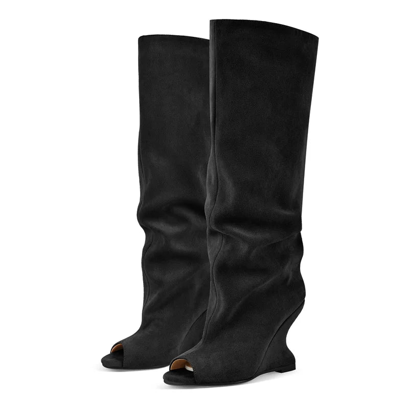 Onlymaker Women Peep Toe Wedge Flock Fashion Chunky Boots