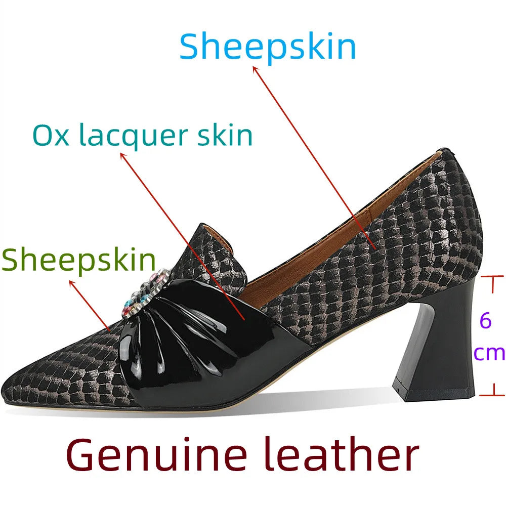 French high heels spring and autumn new deep mouth color matching bow pointed thick heel comfortable shoes 33-43