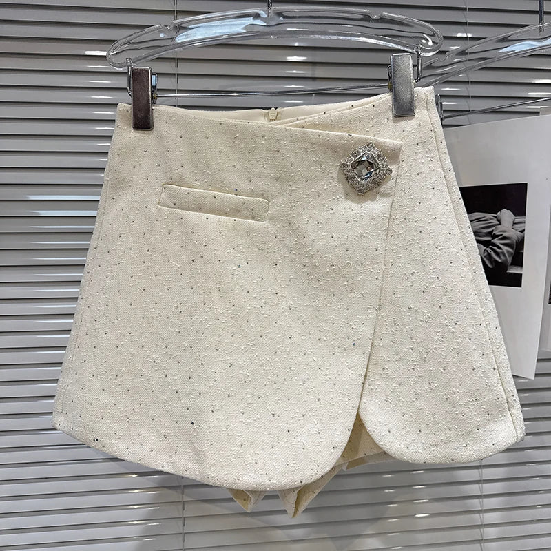 2025 Autumn New Fashion Rhinestone Diagonal Hem Shorts Skirts For Women Elegant Versatile A-line Short Pant Female 11A05878