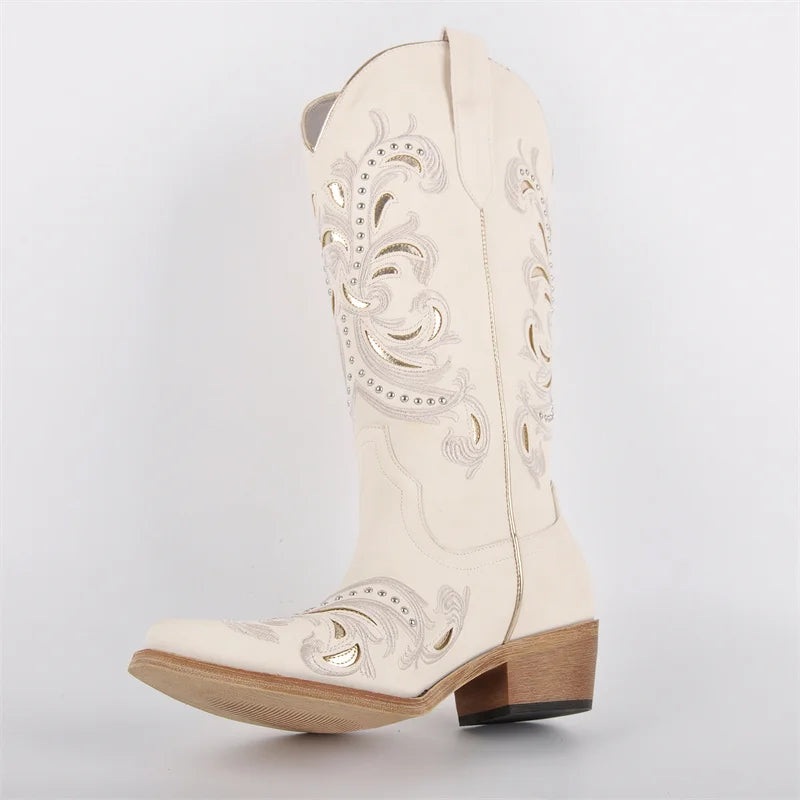 Onlymaker Women Pointed Toe Pull On Western Cowgirl Boots Fringed Chunky Heel Embroidery Cowboy Boots