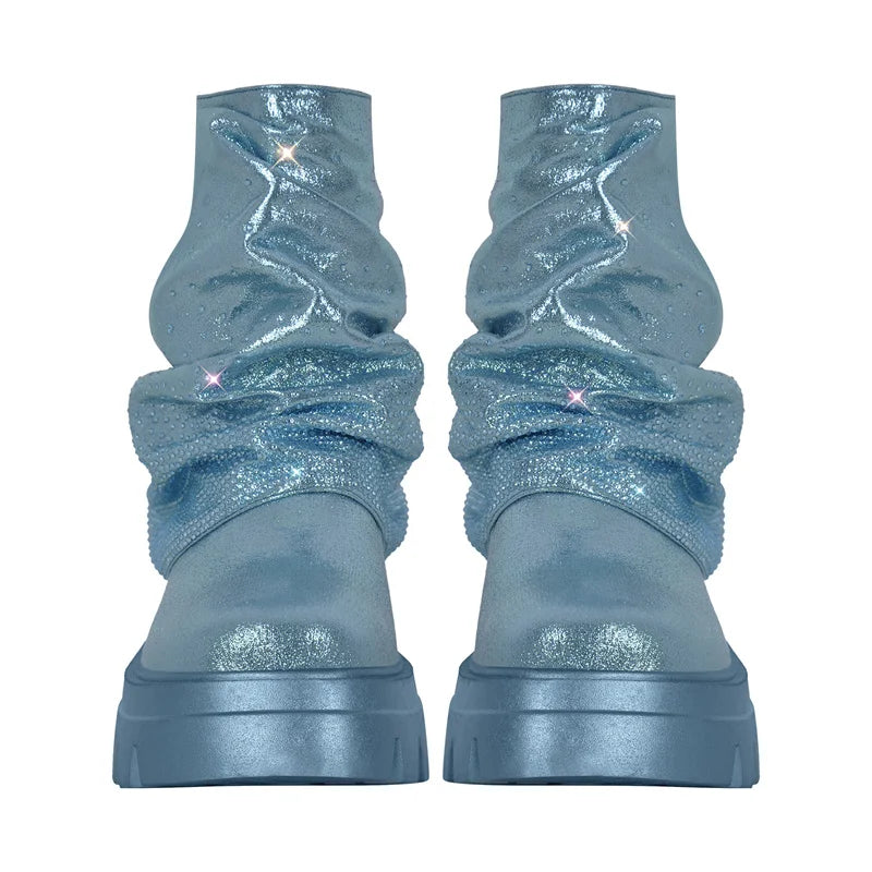 Women Blue Fold Over Rhinestone Trim Boots Round Toe Side Zipper Female  Mid-Calf Boots