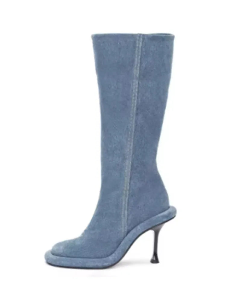 2026 Women's New Slim High-heeled Knee High Boots with Side Zipper Round Toe 34-43 Large Mid Length Boots