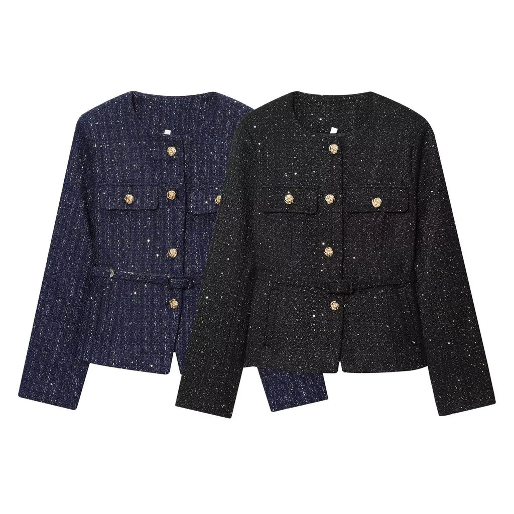 Korean commuter textured jacket for women with autumn and winter sequins and gold buttons side pockets round neck jacket