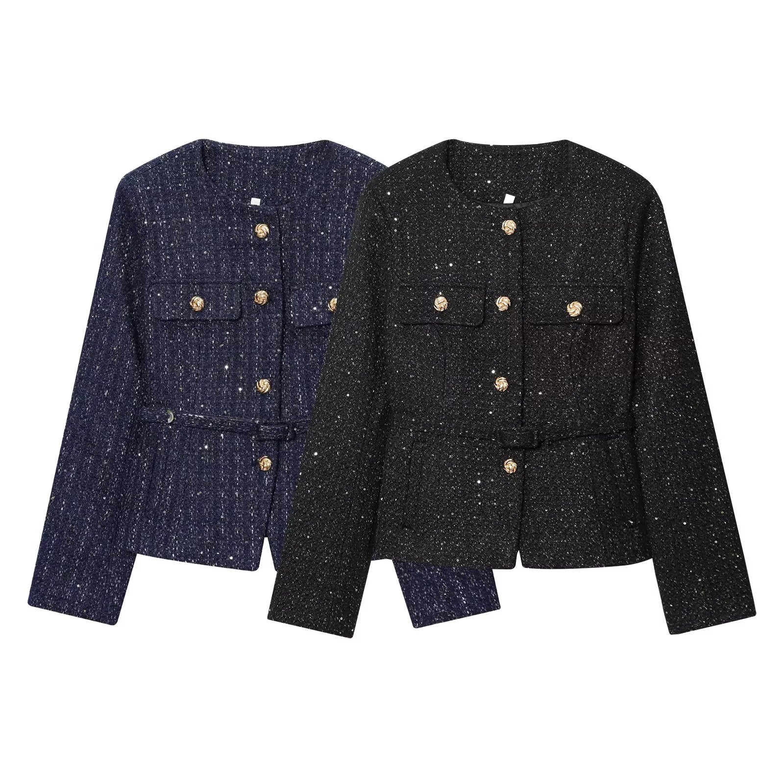 Korean commuter textured jacket for women with autumn and winter sequins and gold buttons side pockets round neck jacket