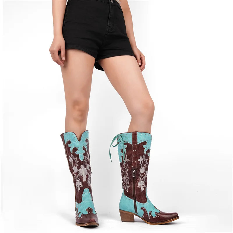Onlymaker Women Pointed Toe Western Embroidered Studded Cowgirl Knee High Boots Lace Up Side Zipper Block Heel Mid Calf Boots