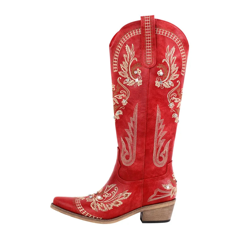 Onlymaker Women Pointed Toe Embroidered White Western Cowboy Boots Block Heel Pull-On Cowgirl Booties