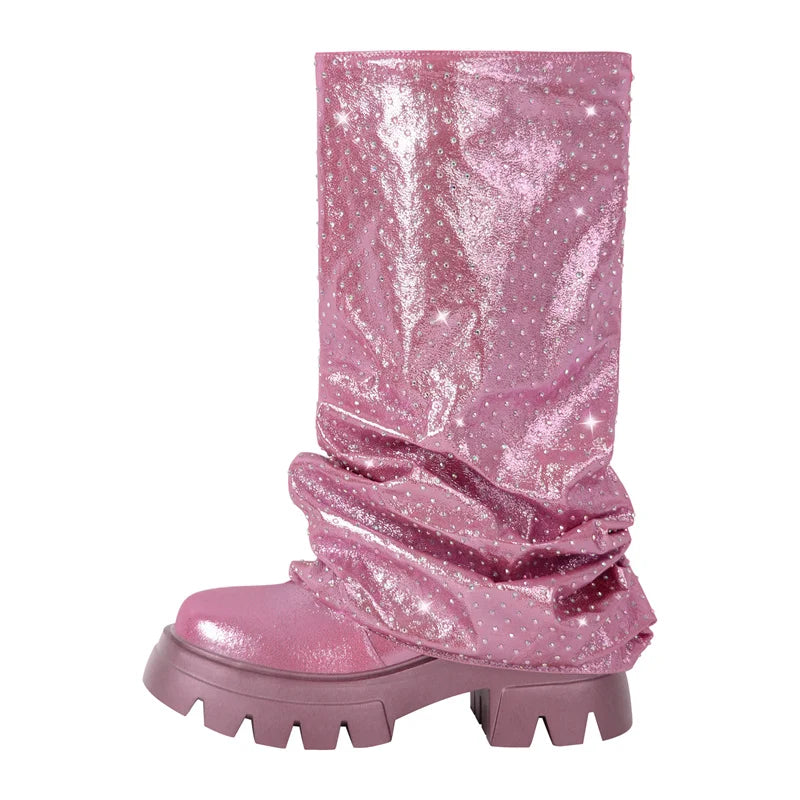Women  Round Toe Fold Over Mid-Calf Webs Handmade Female Fashion  Pull On Slouch Boots