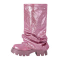 Women  Round Toe Fold Over Mid-Calf Webs Handmade Female Fashion  Pull On Slouch Boots