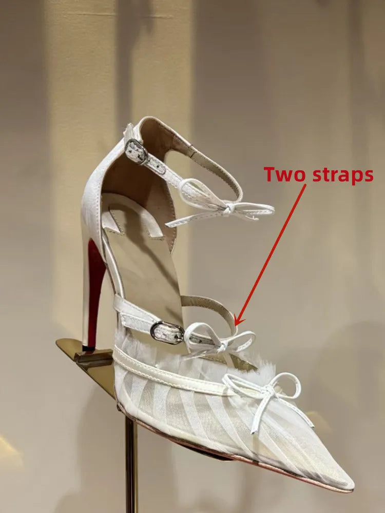 2026 Women's Summer Pointed Stiletto Lace Bow Sandals Fashion Fashion Show Party Wedding Ballet Women's High Heels