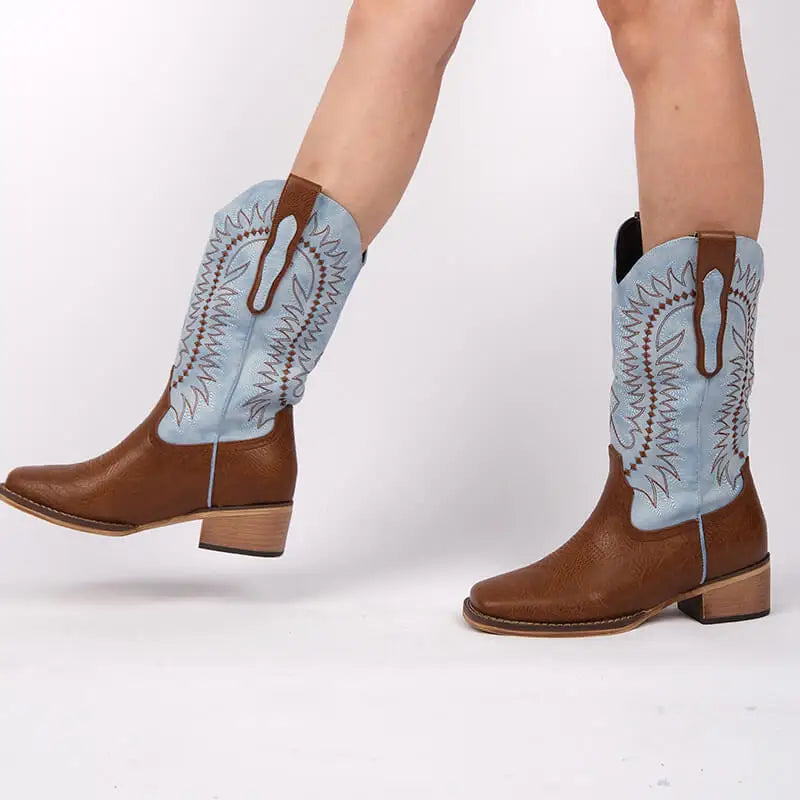 Women Square Toe Western Cowboy Boots  Embroidered Mid--Calf  Block Heel Fashionr Cowgirl Boots
