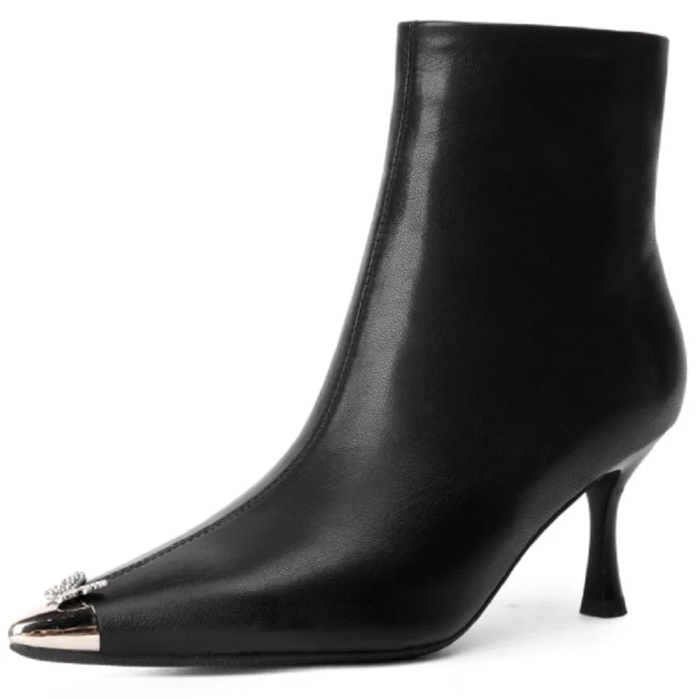 Women Handmade Genuine Leather Ankle Boots Metal iron head Pointed Toe Thin Heel Retro Ladies Shoes 34-40