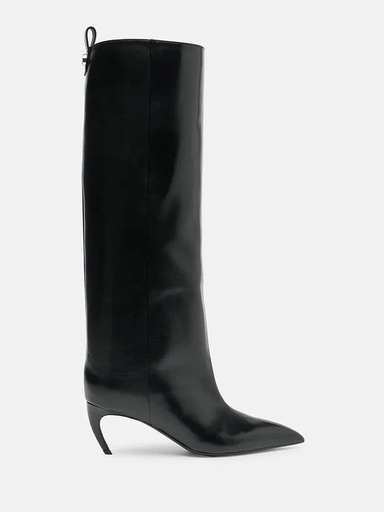 Women's new slim fit high heels knee high boots, fashionable pointed boots for women, autumn and winter mid length women's boots