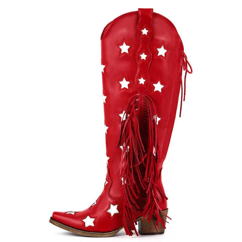 Onlymaker Women Pointed Toe Fringe Side Zipper Retro Western Cowgirl Boots Fringed Chunky Heel  Adjustable Cowboy Boots