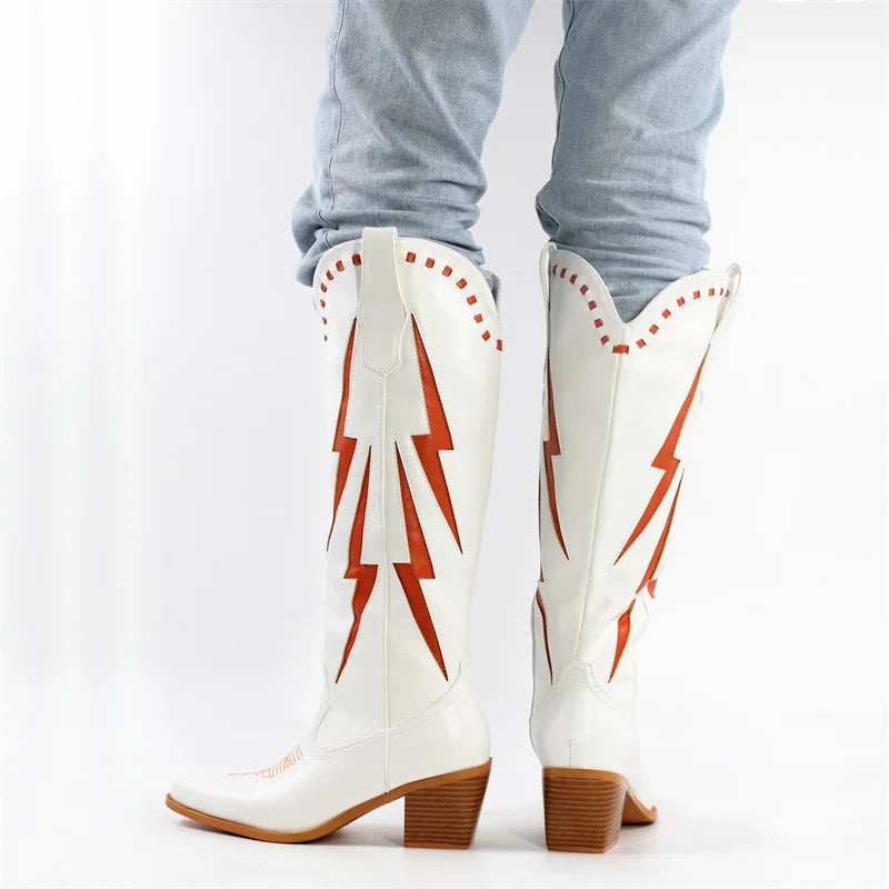 Onlymaker Women White Knee High Boots Western Cowboy Boots Wide Calf Embroidered Pointed Toe Block Heel Pull-On Cowgirl Booties