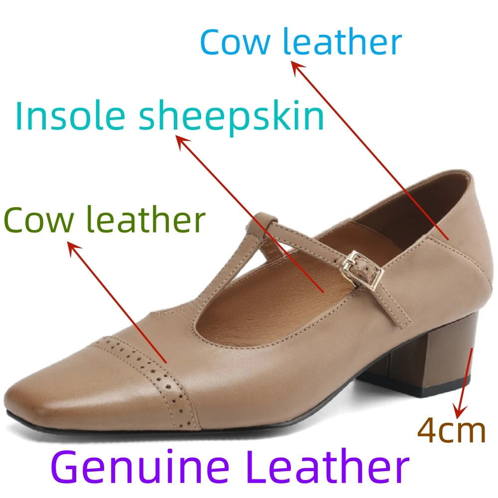women's Handmade Genuine leather metal buckle slip-on Mary Jane pumps 4cm thick med heel elegant shoes 34-41